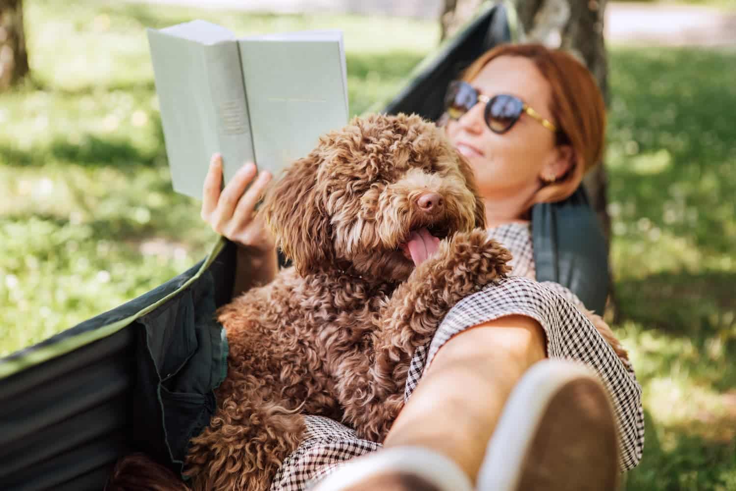 A woman wearing sunglasses relaxes in a hammock outdoors, reading a book with a fluffy brown dog on her lap.