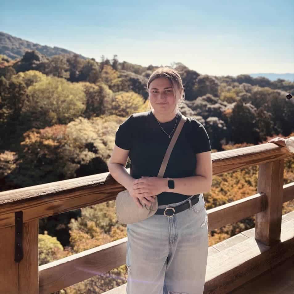 A person stands on a wooden balcony with a scenic forested landscape in the background under a clear sky.