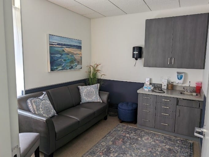 A small office room with a gray couch, blue pouf, cabinet with sink, wall art, decorative plant, and a patterned rug.