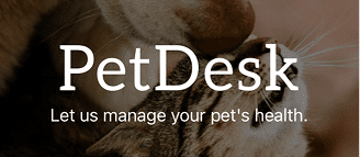 Close-up of two cats nuzzling with the text "PetDesk" and "Let us manage your pet's health" overlaid on the image.