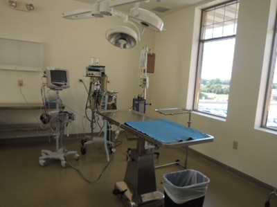 A medical examination room with an empty exam table, overhead surgical light, medical equipment, and a window letting in natural light.