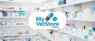 Shelves filled with various medication boxes in a pharmacy, with "My VetStore Online" and pill icons displayed prominently in the center.